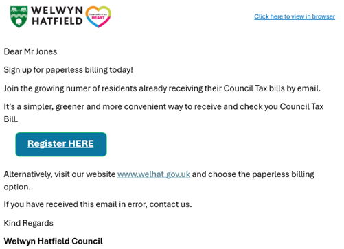 Example email showing the Welwyn Hatfield Borough Council logo at the top.