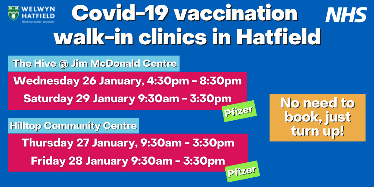 Covid-19 vaccination walk-in clinics in Hatfied.