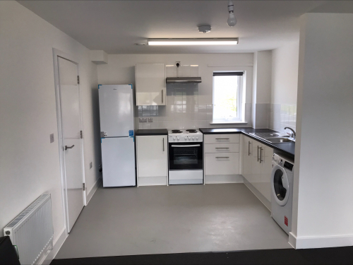 Modern kitchen with white cuboards, cooker, washing machine and fridge freezer.