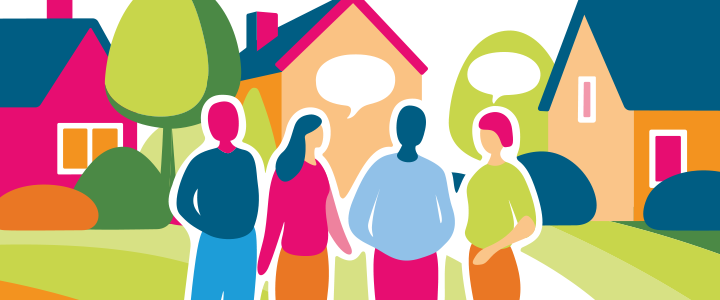 Graphic of people talking in front of homes and gardens
