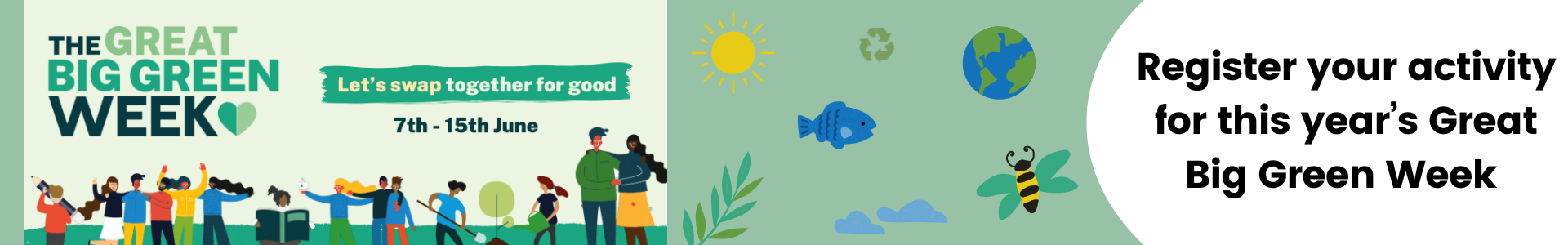 Text that says 'the great big green week' with icons of a leaf, the earth, a bee, fish and sun