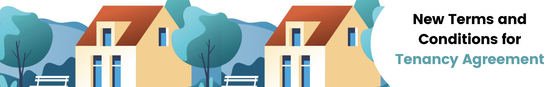 Houses with blue trees in the background. The text says 'New Tenancy Agreement Terms and Conditions'.