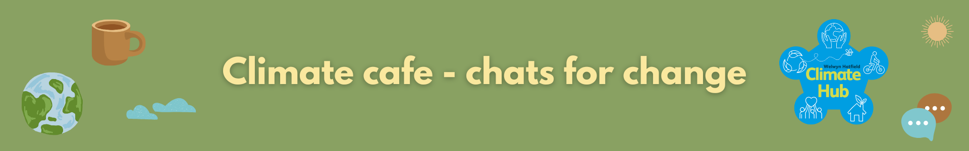 green climate cafe banner with climate change related graphics on it