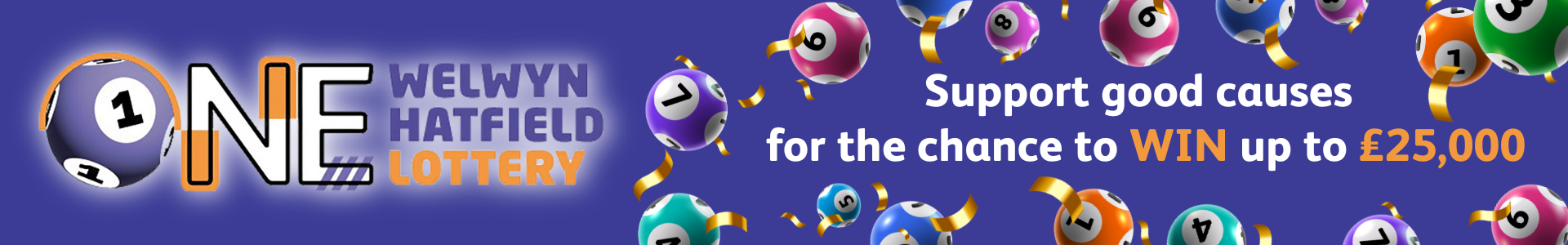 community lottery banner with lottery balls on it and text that says Support good causes for the chance to WIN up to £25,000