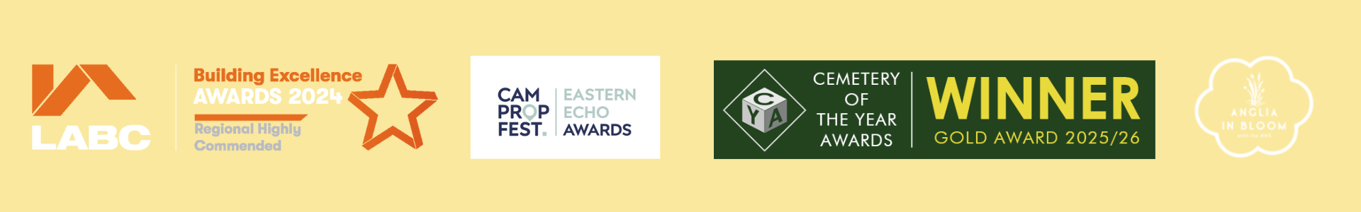Building Excellence, Cemetery of the Year and Anglia In Bloom Awards logos.